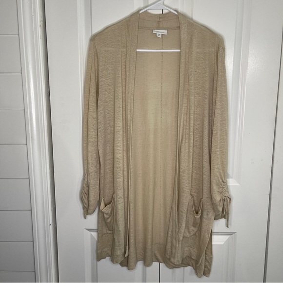 J Jill Love Linen Tan Size Small Flax Open Front Long Cardigan Side Slits Bows - Picture 1 of 10